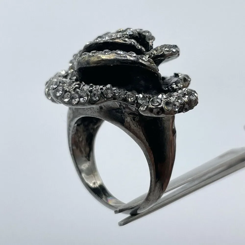 Blackened Metal Rose Shape Heavy Ring Gray Rhinestones Statement Bold Chunky  8